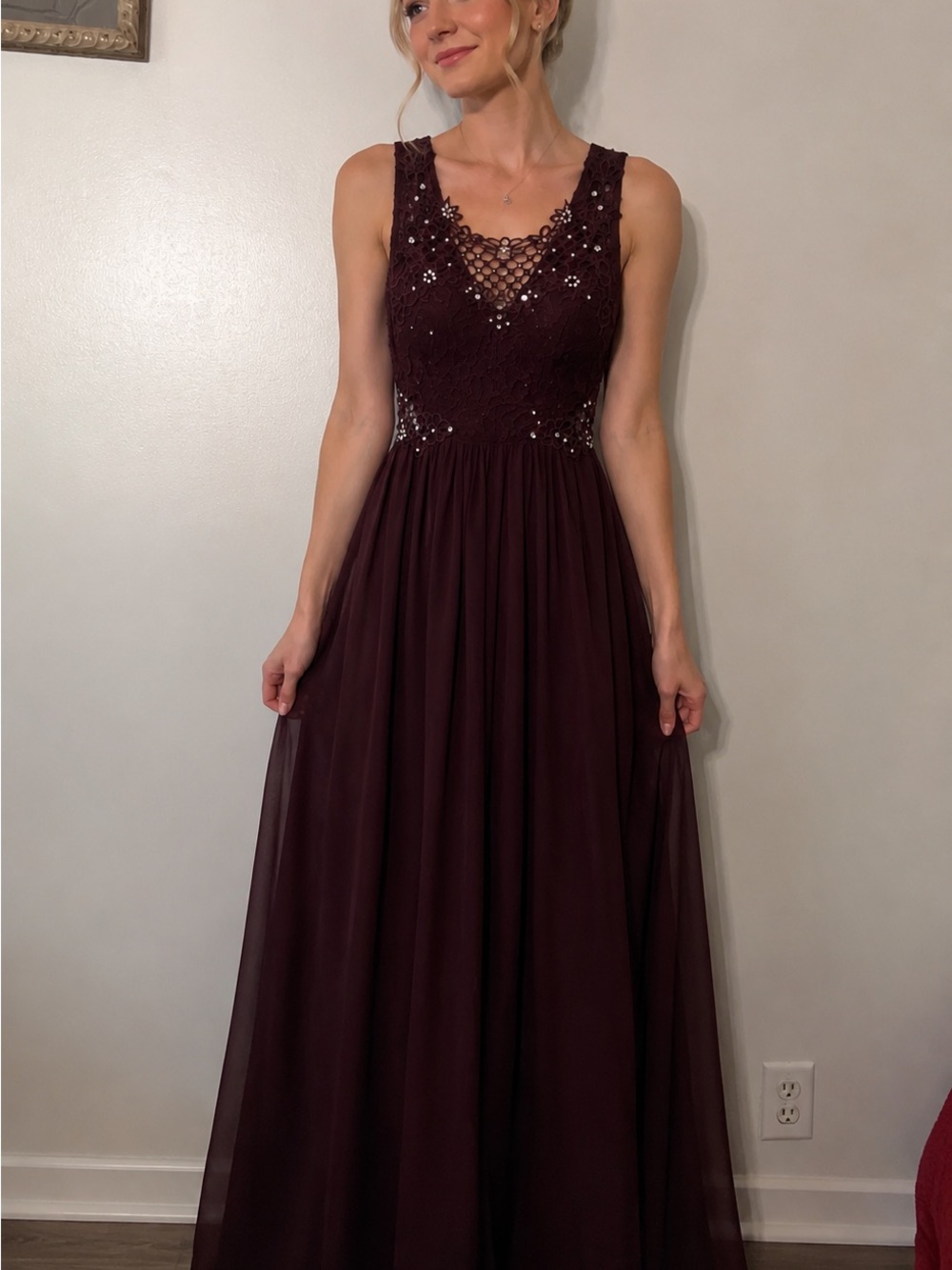 City Studio Burgundy Lace Floor-Length Prom & Wedding Gown-Mesh Neck Cutout